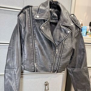 ZARA Black Faux Leather Biker Jacket – Size XS